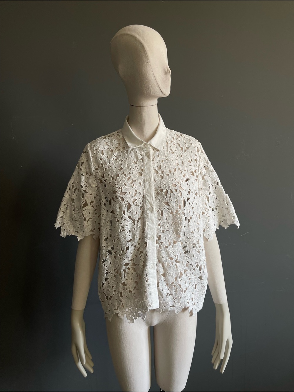 COS White Guipure Lace Cotton Button-Up Blouse Coastal Resort Quiet Luxury US 6